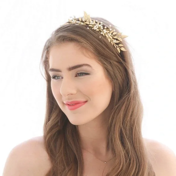 Gold and Pearl Branch Wedding Headband Charlotte - Bridal Crystal Headpiece With Ribbon (14  main image 3